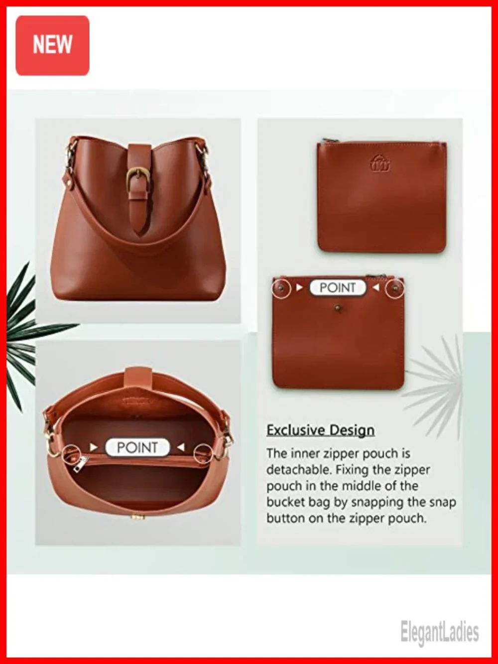 Vegan Leather Bucket Bag with Removable Pouch and Adjustable Strap